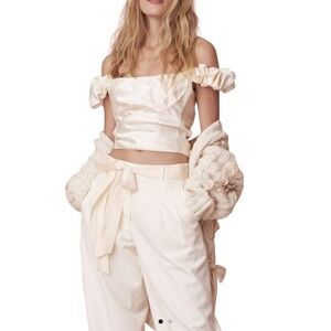 LOVESHACKFANCY Womens NWT Ileana Satin Cropped Off Shoulder Top Ivory Size‎ 8